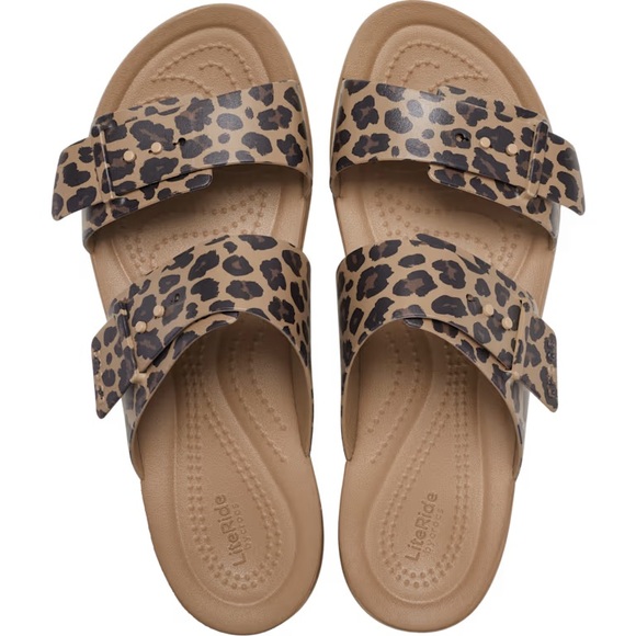 CROCS Brooklyn Low Leopard Print Dual Strap Sandals in Tan and Black NWOT 6 - Picture 2 of 7